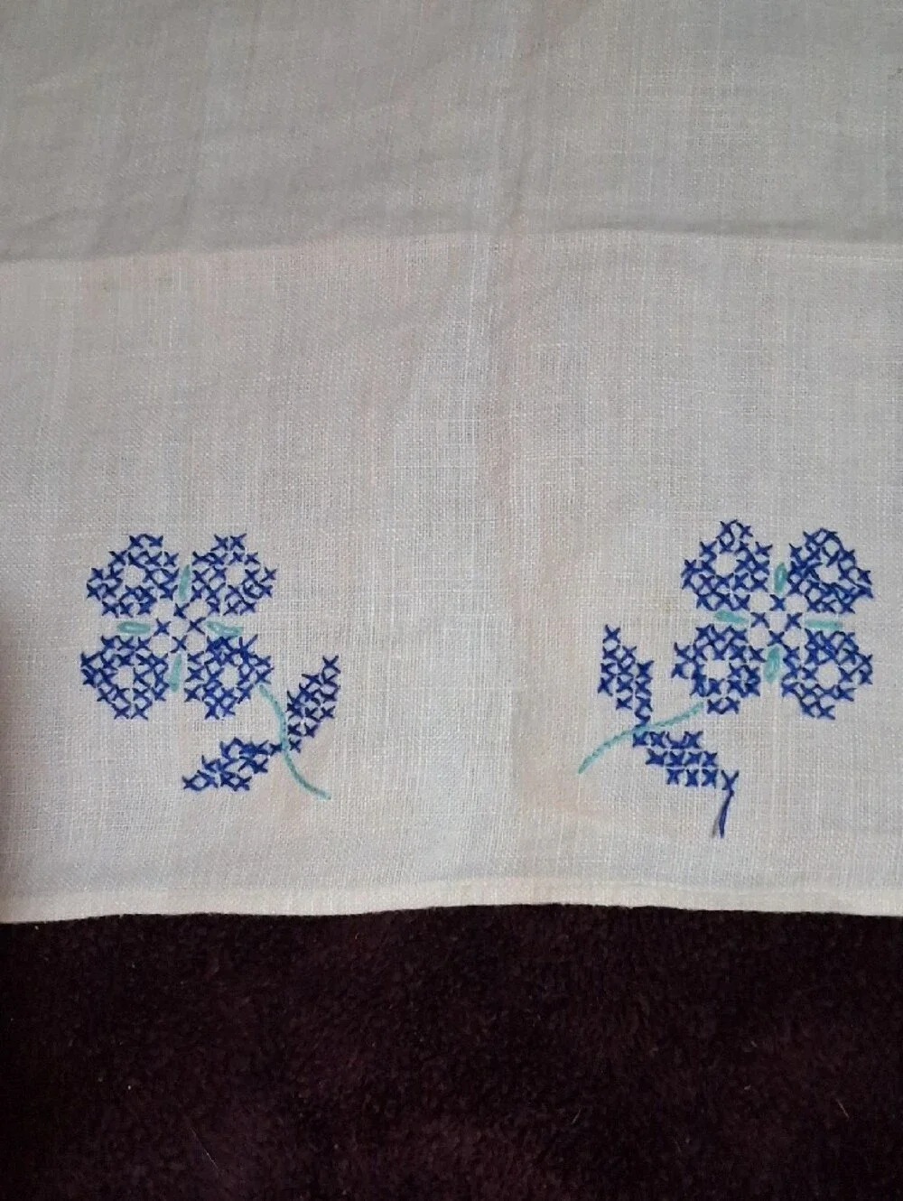 Embroidered White Linen Runner with Blue Floral Motif